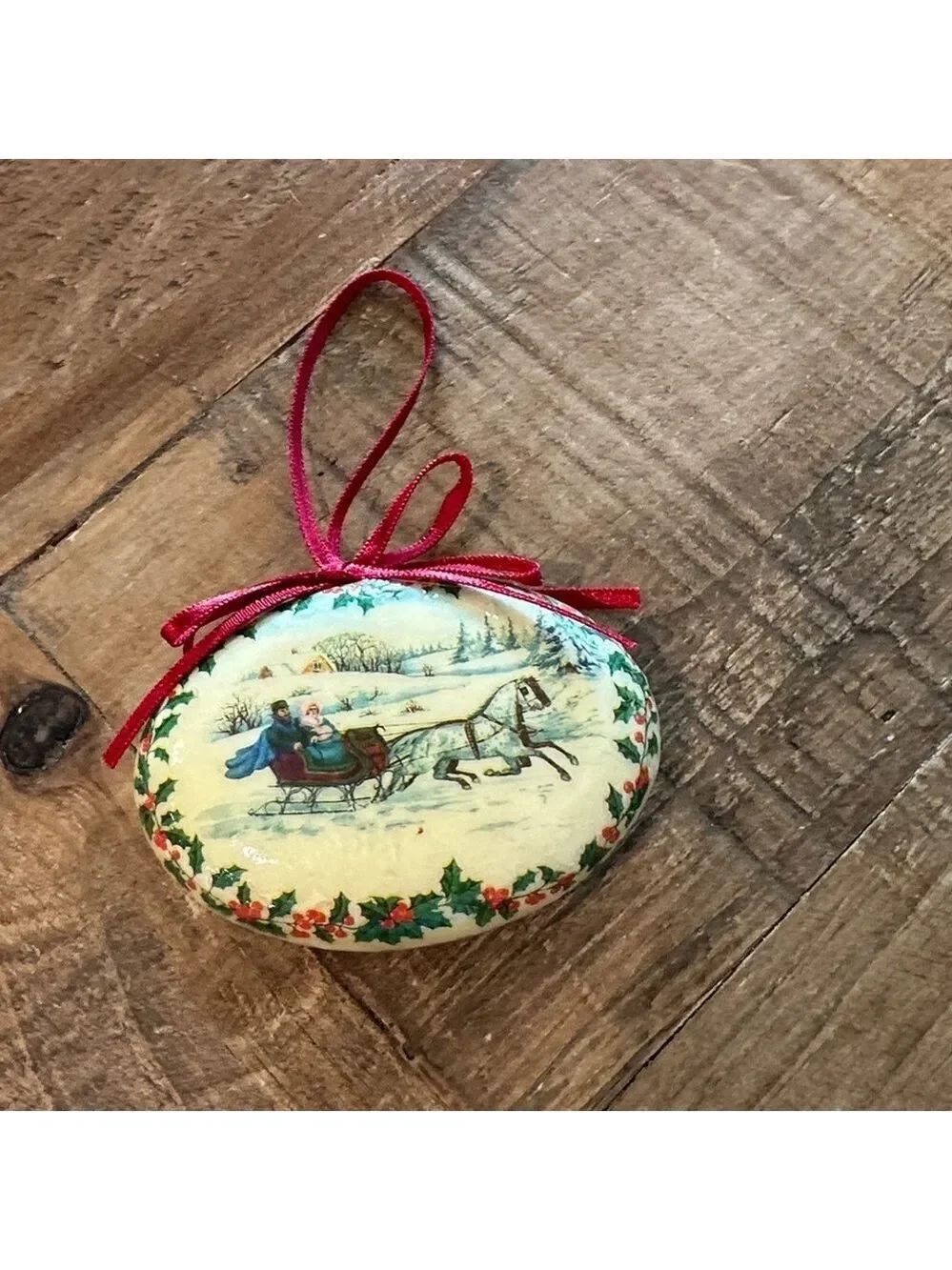 Vintage Christmas 1970’s Victorian Sleigh Ride Styrofoam Ornament W/Red Ribbon